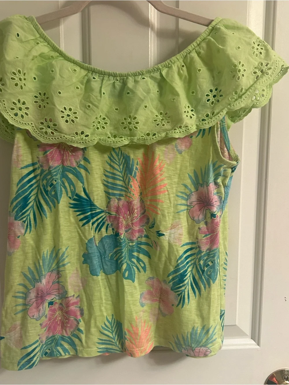 Justice Lime Green Tropical Ruffle At Neckline Top